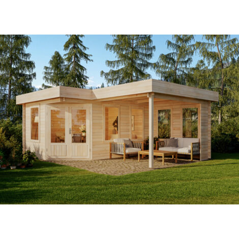 Poolhouse - Abri de jardin pentagonal Leelo-40 avec annexe Naturel , 40 mm Épaisseur paroi 625 x 505 cm - Naturel