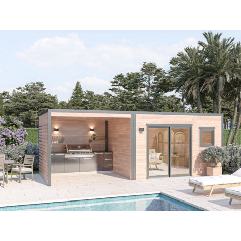 POOLHOUSE DESIGN 21M2 - BOIS DOUGLAS EPAISSEUR 55MM - BAIE VITREE ALU - TOITURE ACIER AVEC VOLIGES