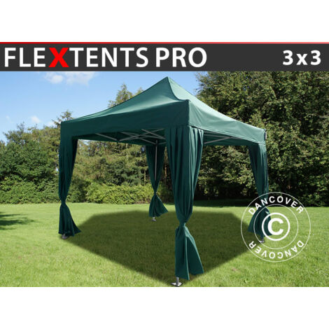 Pop up gazebo FleXtents Pop up canopy Folding tent PRO 3x3 m Green, incl. 4 decorative curtains