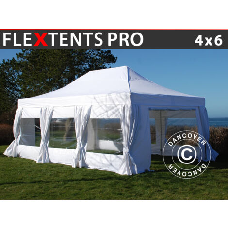Pop up gazebo FleXtents Pop up canopy Folding tent PRO 4x6 m White, incl. 8 sidewalls & decorative curtains