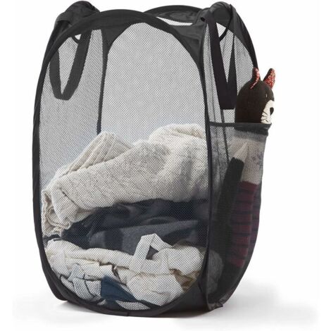 Pop-up mesh laundry basket with durable handles – Portable collapsible clothes baskets for dorm rooms, bathrooms, and travel (black)