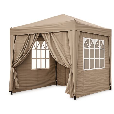 Pop-Up-Pavillon 2 x 2 m Graubeige mit 4 Easy-Klett Seitenwänden 2 mit Reißverschlüssen