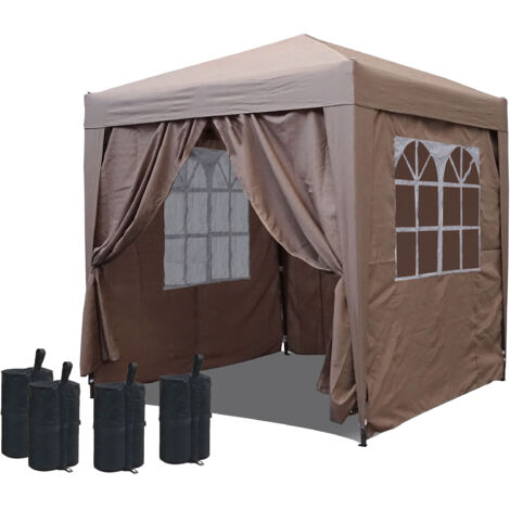 Pop-Up-Pavillon 2 x 2 m Graubeige mit 4 Fußgewichten und mit 4 Easy-Klett Seitenwänden mit 2 Reißverschlüssen
