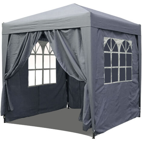 Pop-Up-Pavillon 2 x 2 m Smoky Grau mit 4 Easy-Klett Seitenwänden 2 mit Reißverschlüssen