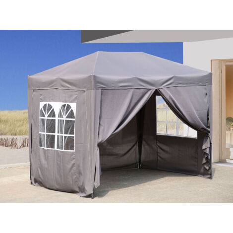 Pop-Up-Pavillon 2 x 3 m Smoky Grau mit 4 Easy-Klett Seitenwänden 2 mit Reißverschlüssen.