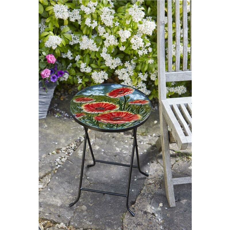 Red Poppy Flower Glass Garden Side Table Folding Indoor Outdoor - Smart Garden