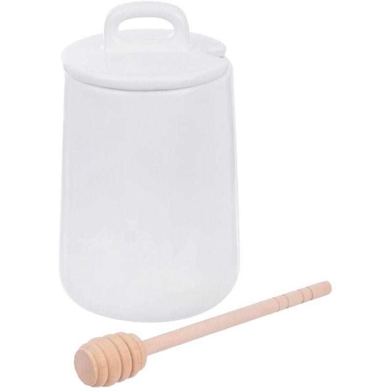 Image of Porcelain honey jar with lid and wooden scoop dishwasher safe