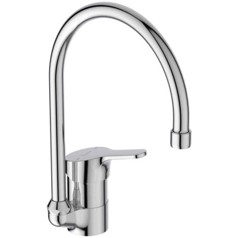 Porcher – Mitigeur évier col de cygne 360° – Bec orientable – Laiton chromé – Aérateur anti-calcaire – Cartouche céramique 47mm