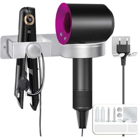 Porta Asciugacapelli con Avvolgicavo Senza Foratura Porta Asciugacapelli e Piastre Supporti in Alluminio per Bagno Camera da Letto Hotel, Argento