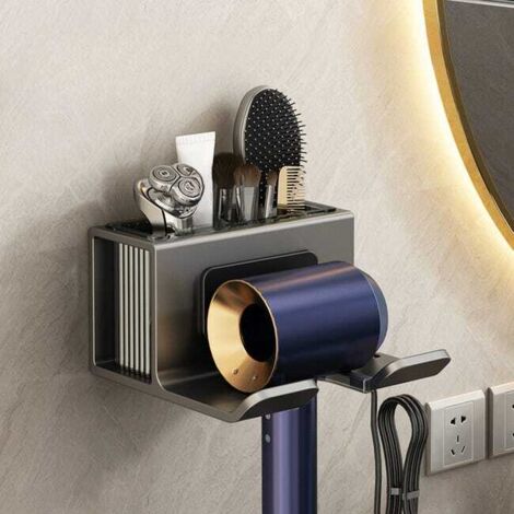 Porta asciugacapelli da parete per bagno, senza fori, alluminio grigio scuro, 14,6x14,4x8,8 cm