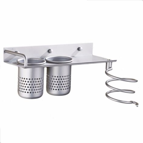 Porta Asciugacapelli, Porta Asciugacapelli a Parete, Porta Asciugacapelli e Piastra per Capelli con 2 Tazze Rimovibili per Spazzole per Capelli, Piastra per Capelli, Piastra, Arricciacapelli, Argento