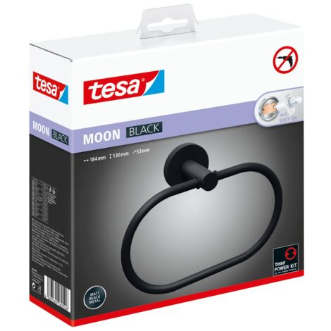 Porta asciugamani ad anello tesa MOON BLACK, look Nero opaco, autoadesivo, tecnologia di montaggio adesiva, 53 mm x 184 mm x 130 mm