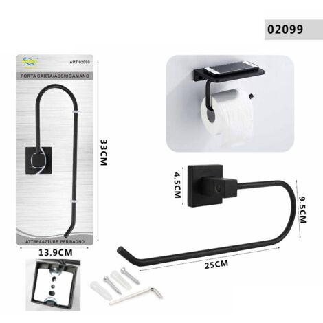 PORTA ASCIUGAMANI BAGNO PARETE SALVIETTE NERO SUPPORTO ARREDO BAGNO 02099