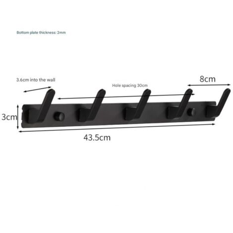 Porta asciugamani con ganci, appendiabiti da parete con 5 ganci, 43,5 x 3 cm, appendiabiti moderno nero, confezione da 2