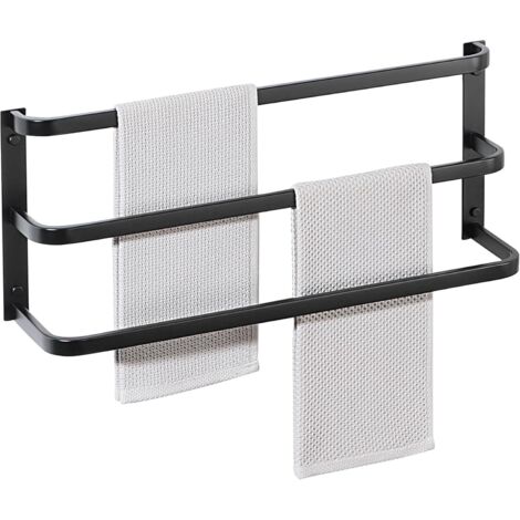Porta asciugamani da bagno senza fori, porta asciugamani da terra da parete, con 2 ganci, 60 cm nero (3 strati)