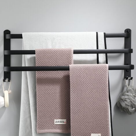 Porta asciugamani da parete in alluminio - 3 ripiani - con ganci - 60 cm - impermeabile - nero - per bagno, cucina, toilette