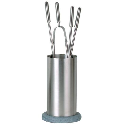 Porta attrezzi camino acciaio inox base pietra 4 accessori h.63 d. 20 cm.  Made in Italy