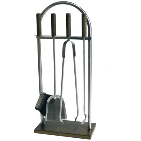 Porta attrezzi camino acciaio inox manico e base legno 4 accessori h. 62  l. 32 x 16 cm.  Made in Italy