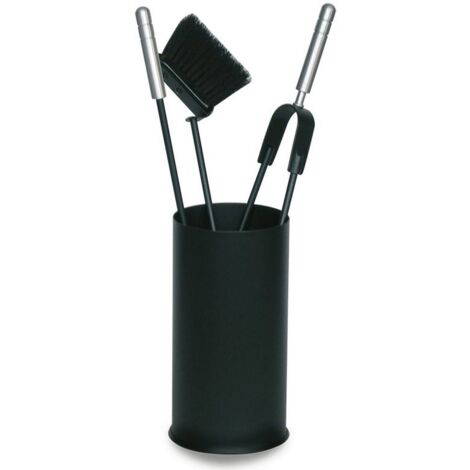 Porta attrezzi camino acciaio nero manico argento 3 accessori h.60 d. 16 cm.  Made in Italy