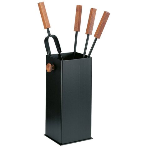 Porta attrezzi camino acciaio nero manico legno 4 accessori h.60 base 16 x 16 cm.  Made in Italy