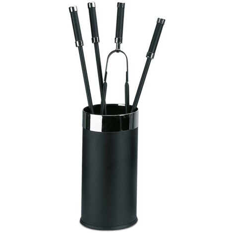 Porta attrezzi camino tondo acciaio nero e cromo 4 accessori h.60 d. 16 cm.  Made in Italy