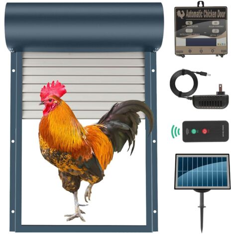 Porta automatica per pollaio, accessori per pollaio alimentati ad energia solare, con timer e sensore di luce, 4 modalità di funzionamento, telecomando, interruttore automatico anti-pizzicamento, grig