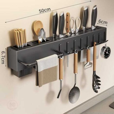 Porta bacchette e coltelli da parete – Pratico organizer in acciaio al carbonio, 8 ganci, nero, 5066,7 cm