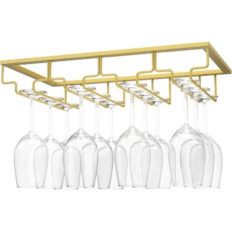 Porta bicchieri da vino sospeso, porta bicchieri da vino sospeso, porta bicchieri da vino con 4 binari per ripiano inferiore, vetrina, porta bicchieri sospeso cromato, bancone da cucina - Oro