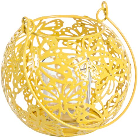 Porta candela a farfalla con diametro 14 e  con due tonalità di colore, struttura  realizzata in metallo con vasetto in vetro -Ø14 x h 24cm / Giallo