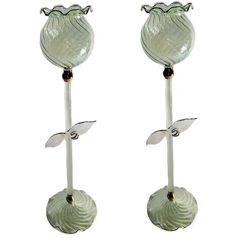 Porta candela candeliere bugia in vetro soffiato verde set da 2 con fiore bianco made in Italia particolare vintage moderno
