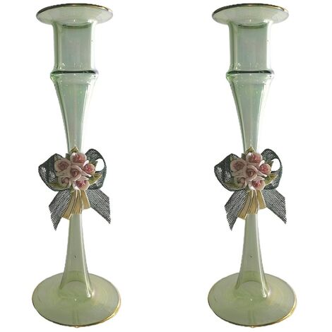 Porta candela candeliere bugia in vetro soffiato verde set da 2 con fiore rose made in Italia particolare vintage moderno