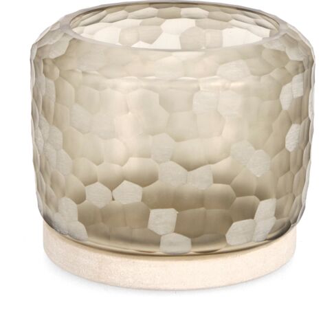 Porta candela in vetro sampur vt beige con base h19  e con base in pietra fatto a mano -Ø12 x h 8cm