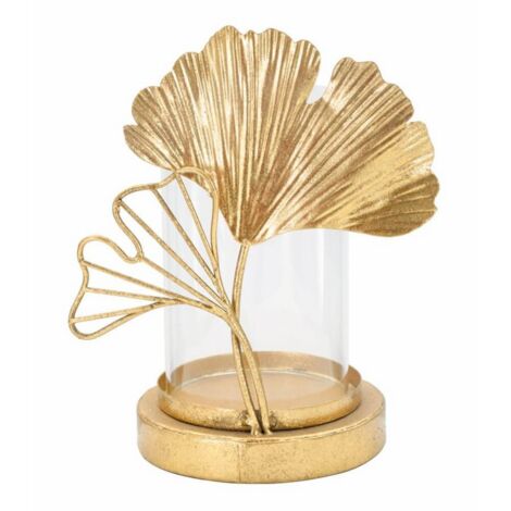 Porta candela struttura in metallo color oro con foglie per interni -17 x 21 cm
