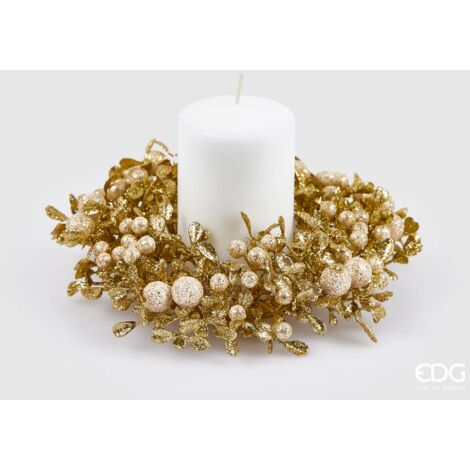 PORTA CANDELE A FORMA DI CORONA CON BACCHE E FOGLIE, Ø18CM, COLORE ORO, NATALE, DECORAZIONI NATALIZIE