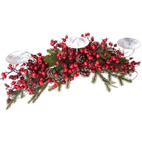 Porta candele x3  con bacche rosse per decorazioni natalizie