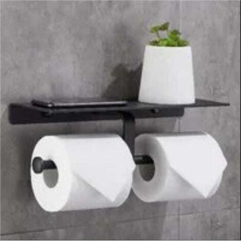 Porta carta igienica senza foratura con doppio supporto a parete per cellulare per bagno (nero)