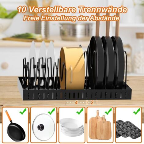 Porta coperchi estensibile con 10 scomparti regolabili, organizer in metallo per utensili da cucina, pentole, padelle e coperchi (nero)