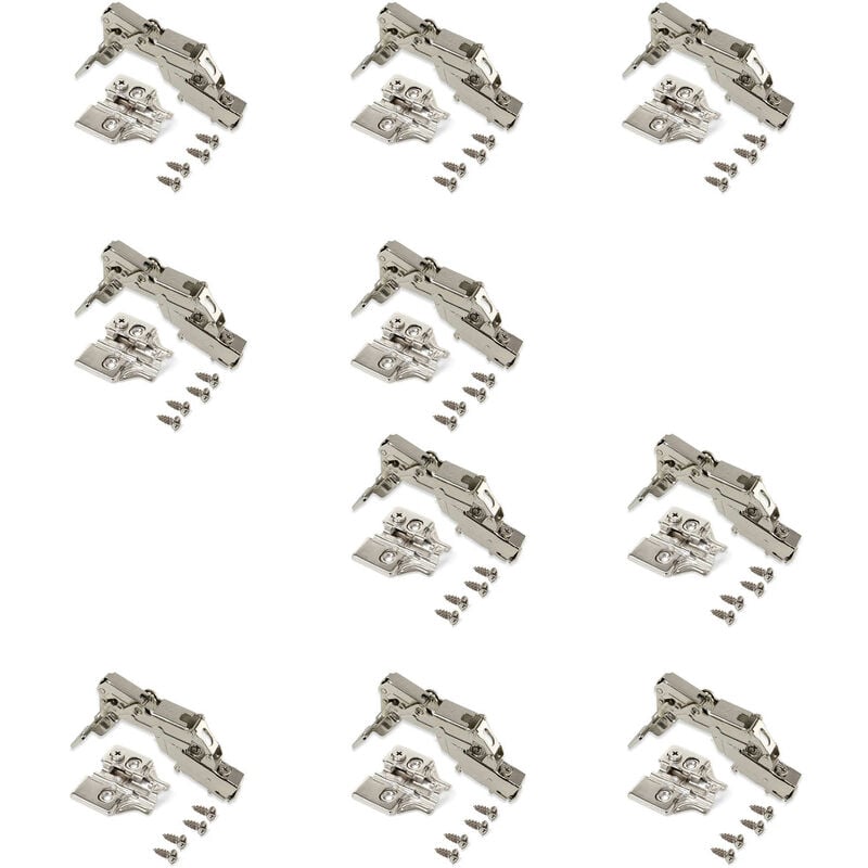 Image of Emuca Lotto di 10 cerniere collo alto X91 165 gradi con chiusura soft e Basetta a vite, Altezza 0, Acciaio, Nichelato - Nichelato