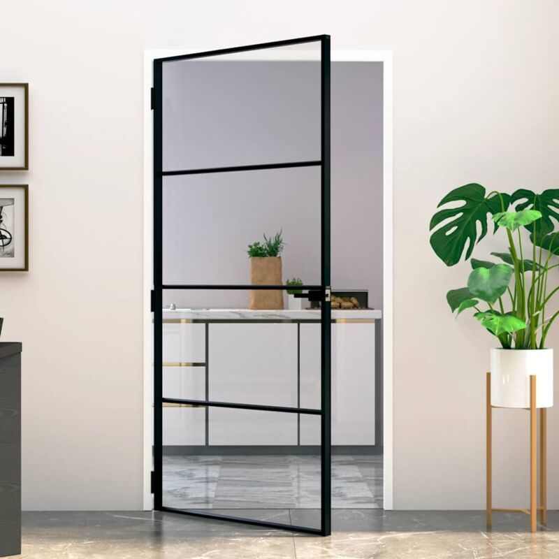 Porta Interna Nera 102x201,5 Vetro Temperato Alluminio Sottile Vidaxl