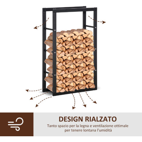 Porta legna da ardere in metallo, alto, per interni ed esterni, con sponde laterali, resistente alla ruggine, nero, 60L x 25P x 100H cm
