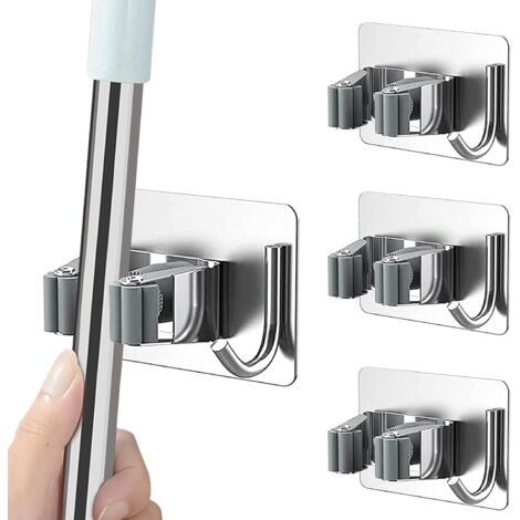 Porta mocio da parete, in acciaio inox, porta mocio adesivo con ganci, mobiletto porta scope multifunzione per cucina, giardino, bagno, garage, balcone, ufficio, 4 pezzi