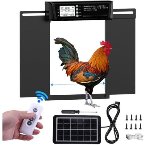 Porta per pollaio automatica extra-large a energia solare – Schermo LCD, telecomando, sensore di luce, timer e protezione anti-pizzicamento – 39 x 29 cm – Nero