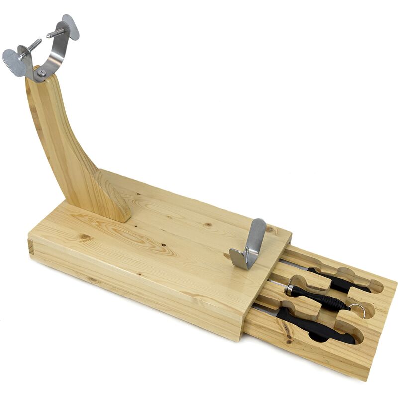 Image of Morsa Porta Prosciutto Jamonero con cassetto contenente 2 coltelli e 1 affila coltelli, per affettare comodamente salumi, in legno di faggio