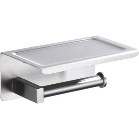 Porta rotolo di carta igienica con ripiano, realizzato in acciaio inox color argento, antiruggine.