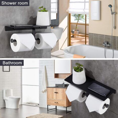Porta rotolo di carta igienica igienico senza foratura con ripiano per cellulare, montaggio a doppia parete per bagno (nero)