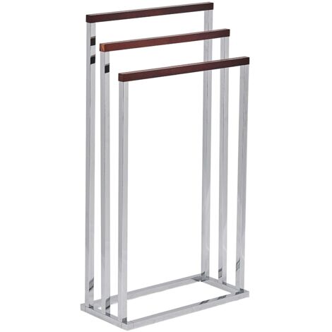 Porta Salviette da Terra Acciaio Argentato Lucido e Legno Scuro 3 aste Charras