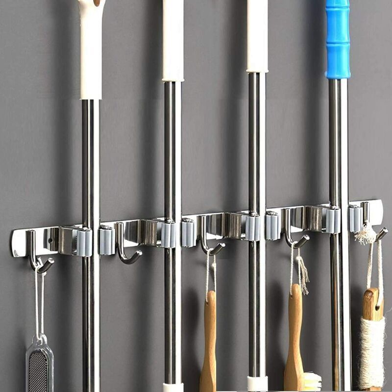 Image of Porta scopa a parete - Appendi scopa in acciaio inox, portaoggetti per cucina, garage, lavanderia (4 slot e 5 ganci)