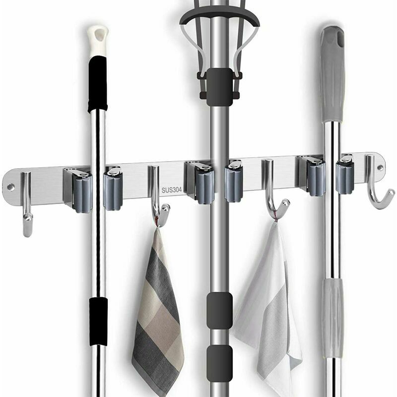 Porta scopa in acciaio inox a parete con 3 clip e
