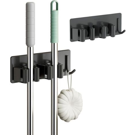 Porta scopa in acciaio inox, appendiabiti da parete senza foratura, porta scopa a 2 scomparti con 1 gancio per cucina, bagno, giardino, garage, 2 pezzi, nero