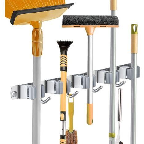 Porta scope da parete, in acciaio inox, ideale per organizzare cucina, lavanderia e garage (5 scomparti e 4 ganci).